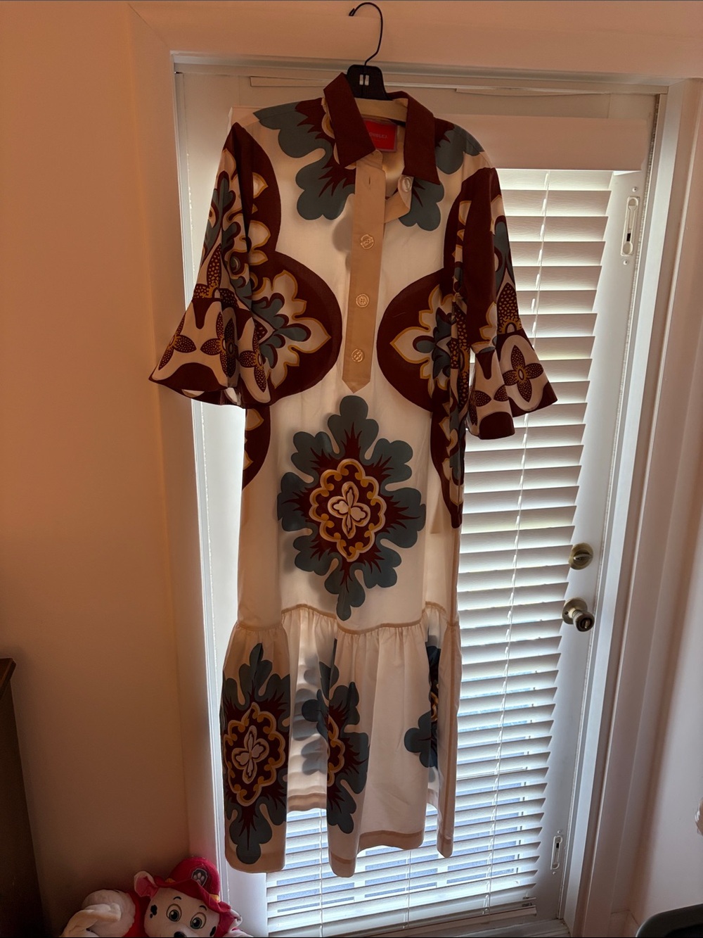 LA DoubleJ White Midi Dress with Brown and Blue Medallion Print